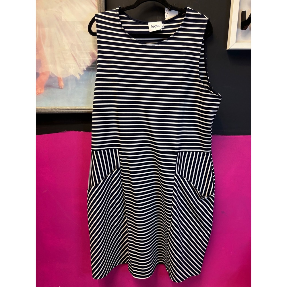 Leota Striped Ponte Sleeveless Shift Dress Navy White Pockets 3L NWT Made in USA